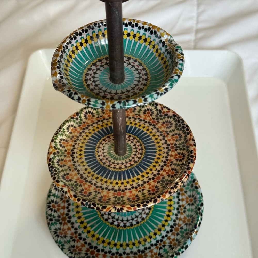 Cost Plus  Tiered metal Jewelry Stand painted in Turquoise, Gold, Blue - Picture 3 of 5